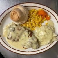 Chicken fried steak  · comes with a dinner roll, daily vegetables, and mash potatoes 