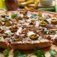 Lamb Kabob Pizza Twist · Tandoori sauce, mozzarella cheese, lamb, onions, jalapeno, pineapple, garlic ginger, fresh c...