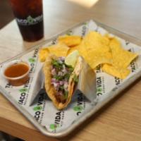 Kids 1 Taco · Choice of protein and 2 toppings.  Includes a drink and one side: chips, beans or rice.