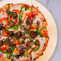 Tandoori Pizza: Seekh Kebab Sausage · Chutney marinara, mozzarella, sliced house made turkey kebab, red onion, bell peppers, and c...