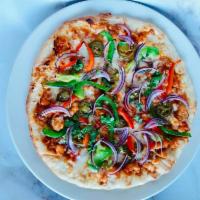 Tandoori Pizza: Chili Paneer · Crumbled indian cheese with onion, garlic and tomato, mozzarella, jalapeno, and cilantro.