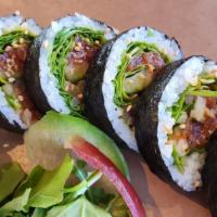 Ebisu spicy tuna roll · spicy tuna, wasabi, arugula, cucumber, sesame seed, rolled with nori on outside