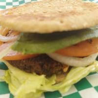 Vegan Burgers · multigrain bread, avocado, lentil with carrot, hummus, lettuce, onion tomato