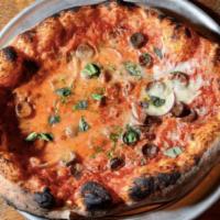 Merguez Pizza · Red onion, oven roasted tomato, pecorino, broccoli rabe