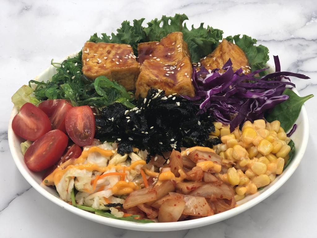Ginger Too Full  · Ginger teriyaki tofu and pickled ginger with brown rice, pickled carrot&cabbage, seasoned seaweed, shredded veggies, cherry tomatoes, kimchi, sweet corn and dressing 