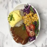 Omelette Curry Tonkatsu Rice Bowl  · Tonkatsu with curry sauce, topped with silky omelette, served with pickled carrot&cabbage, s...