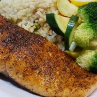 Blackened Salmon Dinner ·  served with rice pilaf and mixed vegetables