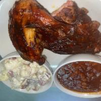 Chicken n Rib COMBO · 
1/4 Chicken, 1/4 Rack of Ribs (3bones) and choice of 2 sides. No Substitutions.

