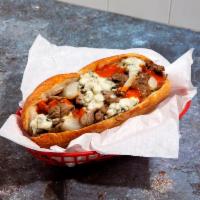 Buffalo Cheesesteak · Chopped cheesesteak with buffalo sauce, provolone cheese, and blue cheese crumbles.