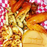 Chicken and Shrimp Combo · 3 whole wings and 1/4 lb. of jumbo shrimp grilled or fried served with a dinner roll, and fr...