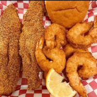 Fish and Shrimp Combo · 2 pieces of fish and 1/4 pound of jumbo shrimp grilled or fried served with a dinner roll, f...