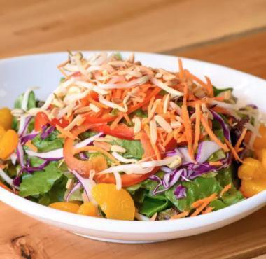 Sesame Soy Salad · Mixed greens, almonds, bean sprouts, red peppers, carrot threads, mandarin oranges, red cabbage, crispy wonton & sesame soy dressing