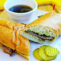 French Dip Sandwich · Roast beef, Swiss cheese, with Au jus. Include French roll.