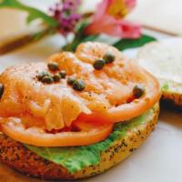 Smoke Salmon With Cream Cheese Sandwich · Smoke Salmon, cream cheese, capers, tomato, Lettuce, and your choice of bagels.