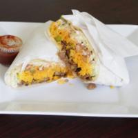 Burrito · A wrapped large flour tortilla filled with rice, pinto beans, lettuce, cheddar cheese, sour ...
