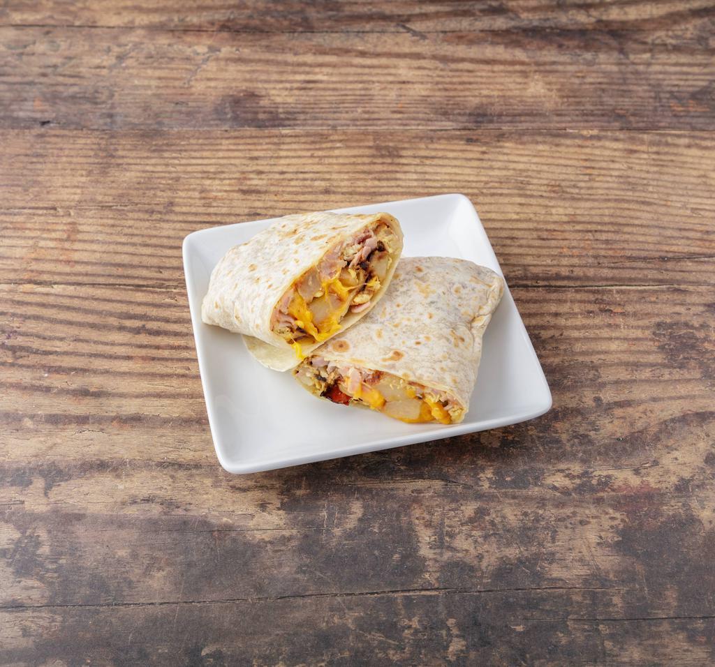 Breakfast Burrito · Two scrambled eggs, tomato, onions, home fries, cheese, and your choice of protein (Bacon/Chorizo/Ham/Sausage).
