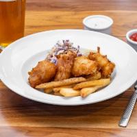 Fish and Chips · Beer battered pacific cod coleslaw, tartar sauce, french fries.