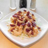 Honey Pecan Shrimp · Crispy shrimp stir fried with mayo, pecan on the top.