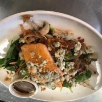 Spinach Salad · Fresh baby spinach, bacon, mushroom, caramelized onion, bleu cheese crumbles. Balsamic vinai...