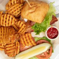Southwest Chicken Sandwich · Grilled chicken breast, fresh mozzarella, hickory smoked bacon, avocado, chipotle mayo, toas...