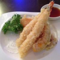 Vegetable and Shrimp Tempura App · Fried vegetables and shrimp with tempura sauce.