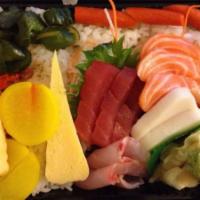 Chirashi · 15 pieces of assorted raw fish over sushi rice.