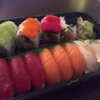 Tri-Color Sushi · 3 pieces tuna, 3 pieces salmon, 3 pieces yellowtail with kamikaze roll. Served with soup or ...