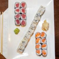 Special Maki Combo A · Salmon, tuna and California roll. Served with miso soup or green salad.