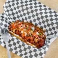 Spider Famous Chili Dog · Sausage served on a bun and topped with chili. 