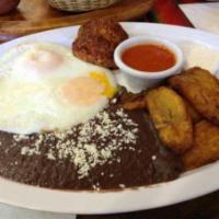 Latinos breakfast.. · Eggs Spanish sausage ,sweet plantain beans , Spanish cheese and tortilla..