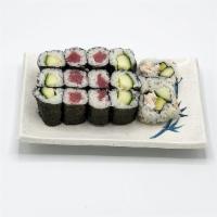 Combo Maki · Raw. 2 pieces of California rolls, 6 pieces of tuna and 6 pieces of cucumber rolls.