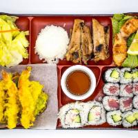 Bento A · A colorful assortment of rice, salad, chicken teriyaki, salmon teriyaki, tempura and 6 piece...
