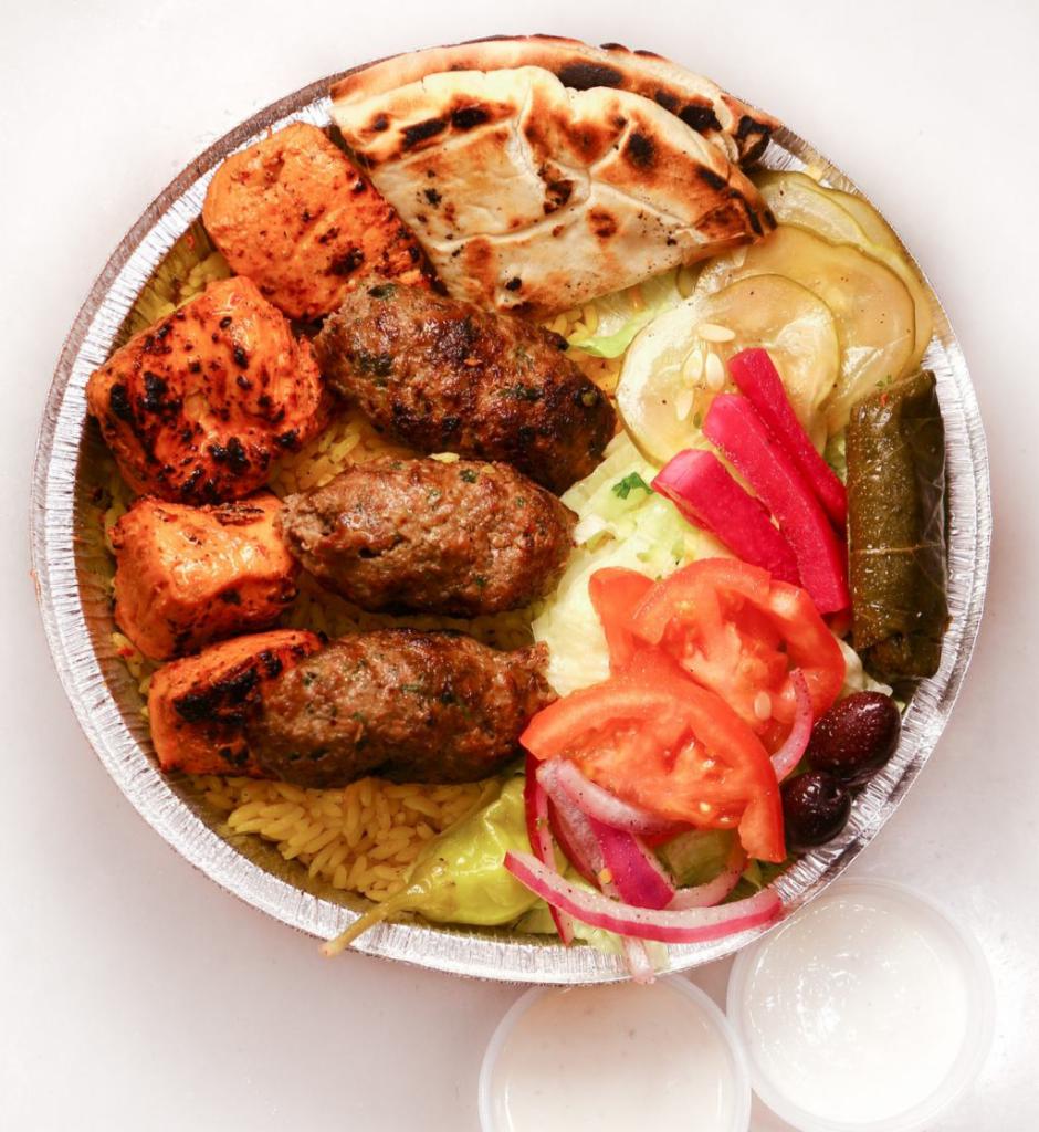 Half and Half Platter · Pick two platter entrees. Served with rice, salad (lettuce, pickles, turnip, beets, onions), 3 side sauces and pita. 