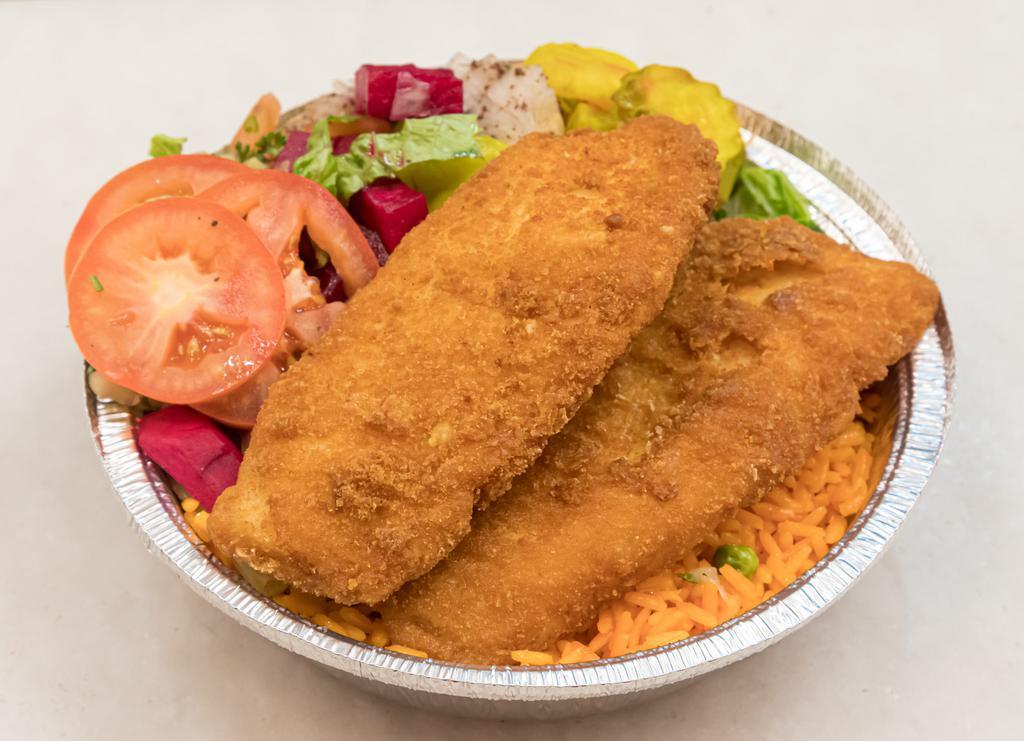 Fried Fish over Rice and Salad · Wild Alaskan cod surrounded by a crispy batter. Served with rice and salad.