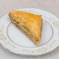 Baklava · Phyllo pastry, chopped nuts and syrup. 