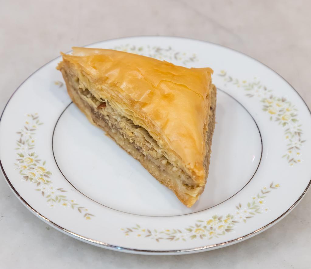 Baklava · Phyllo pastry, chopped nuts and syrup. 
