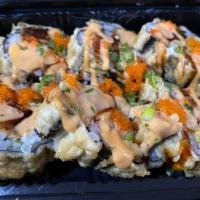 Dynamite Roll · Six jumbo pieces of kani, white fish salmon, cream cheese deep fried with spicy mayo, eel sa...