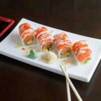 Orange Dragon Roll · Spicy crunchy salmon, avocado top with sliced salmon, eel sauce, honey wasabi sauce and cavi...