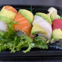 Rainbow Roll · California roll and assorted raw fish with avocado on top. 