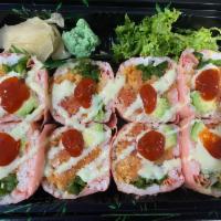 Spicy Girl Roll · Eight jumbo pieces. Spicy crunchy tuna, salmon, yellowtail, avocado, jalapeno wrapped with p...