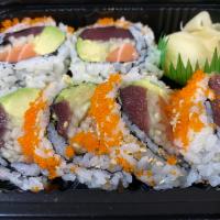 New York Roll · Six jumbo pieces. Tuna, salmon, avocado, cucumber and tobiko. 