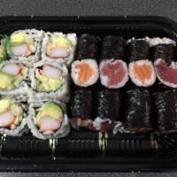 Maki Boy Combo C · Tuna roll, salmon roll, and california roll. Served with miso soup or salad. 