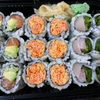 Maki Boy Combo D · Spicy kani, yellowtail jalapeno and Alaska roll. Served with miso soup or salad. 