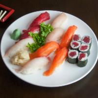 Sushi Deluxe Entree · Assorted nine pieces of sushi and tuna roll. Served with miso soup or salad. 