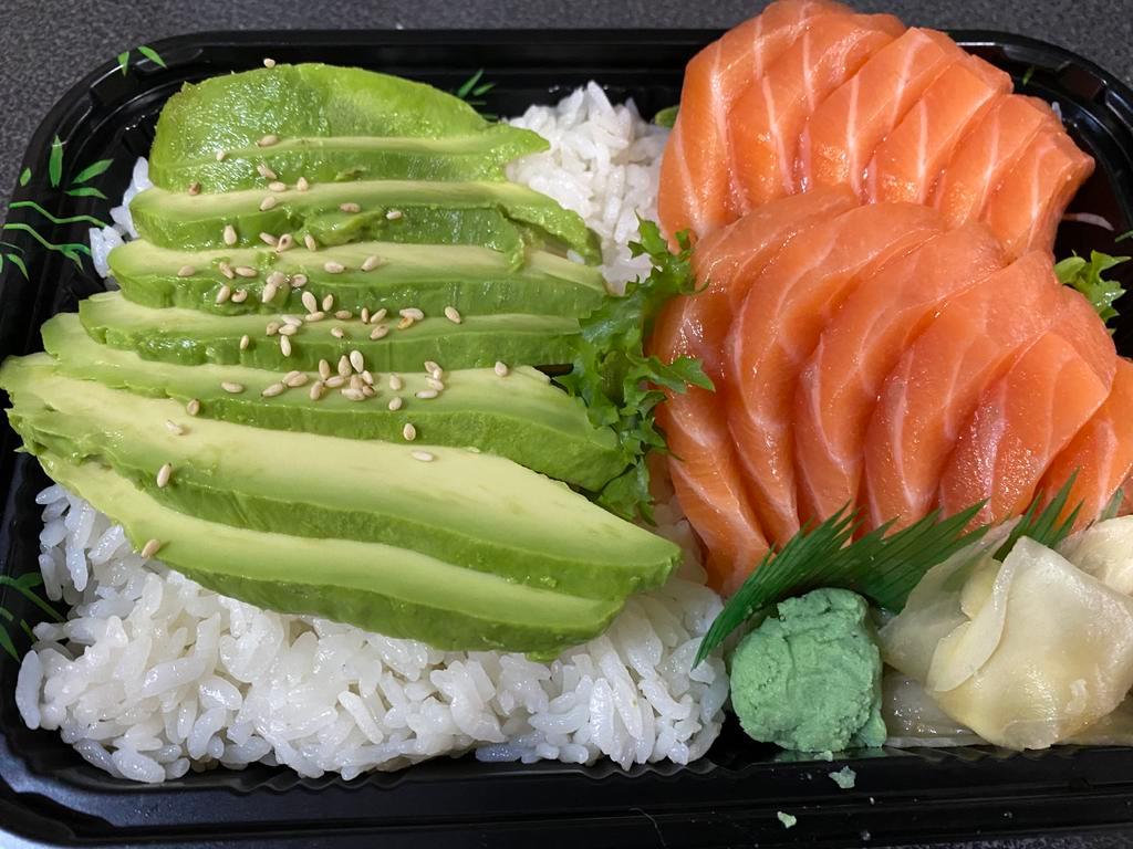 Salmon Avocado Don Entree · Twelve pieces of salmon with avocado over sushi rice. Served with miso soup or salad. 