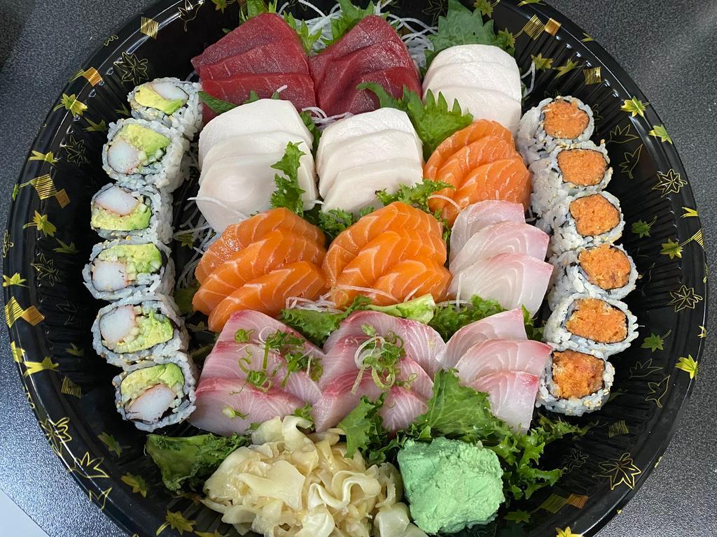 Sashimi Special for 2 Entree · Assorted 36 pieces of sashimi, California roll and spicy tuna roll. Served with miso soup or salad. 