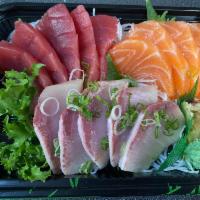 Tricolor Sashimi Dinner · 5 pieces of Tuna, Salmon, and Yellowtail each with a side of white rice
