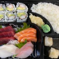 Dinner Sashimi Bento Box · Ten pieces of sashimi and one California roll. Served with miso soup or salad, dumpling and ...