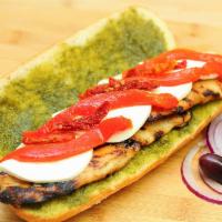 Liberty's Hot Sandwich · Grilled chicken breast, fresh mozzarella, roasted pepper, sun-dried tomatoes, pesto and oliv...