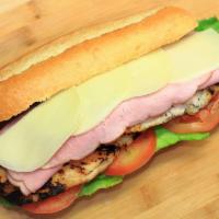 Chicken Cordon Blue Hot Sandwich · Grilled chicken, black forest ham, provolone cheese, lettuce and honey mustard.